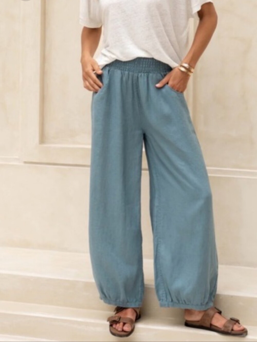 Nomad The Label French Linen Boho Wide-Leg Pants in Dusty Blue Size AU 12 US 8